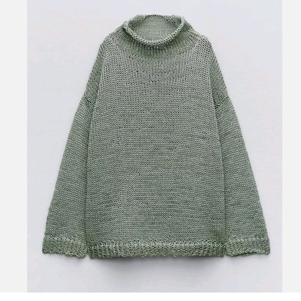 NWT Zara Open Knit Sweater L Mint Sage Sheer Drop Shoulder Slouchy Bloggers Fave - Picture 4 of 9